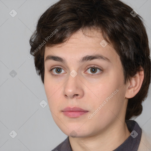 Neutral white young-adult female with medium  brown hair and brown eyes