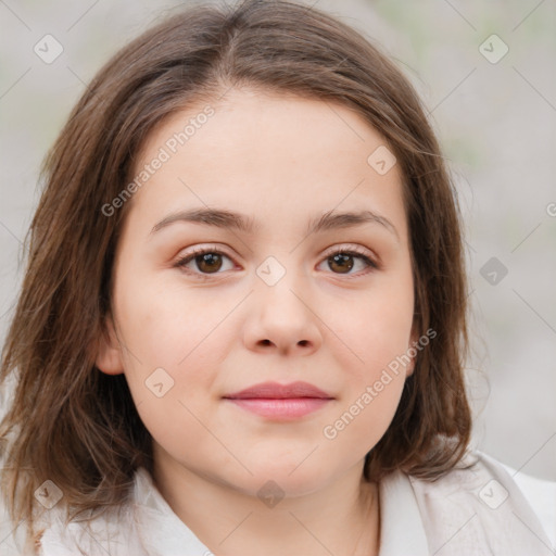 Joyful white child female with medium  brown hair and brown eyes