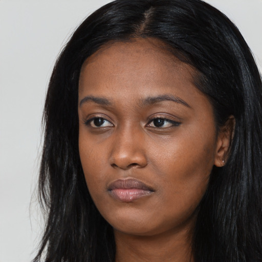 Neutral asian young-adult female with long  black hair and brown eyes