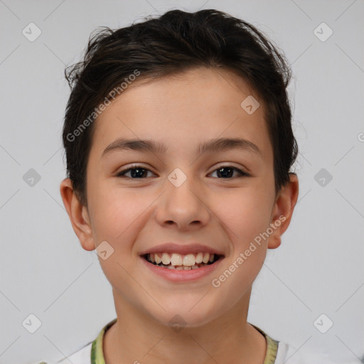 Joyful white child female with short  brown hair and brown eyes