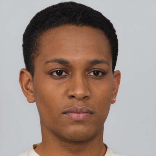 Neutral black young-adult male with short  brown hair and brown eyes