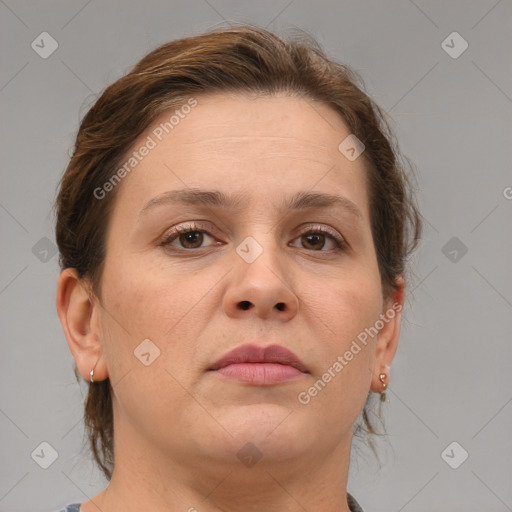 Neutral white adult female with medium  brown hair and brown eyes