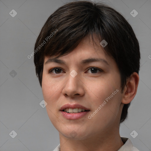 Joyful white young-adult female with short  brown hair and brown eyes