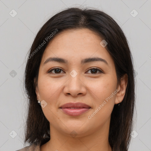 Joyful asian young-adult female with medium  brown hair and brown eyes