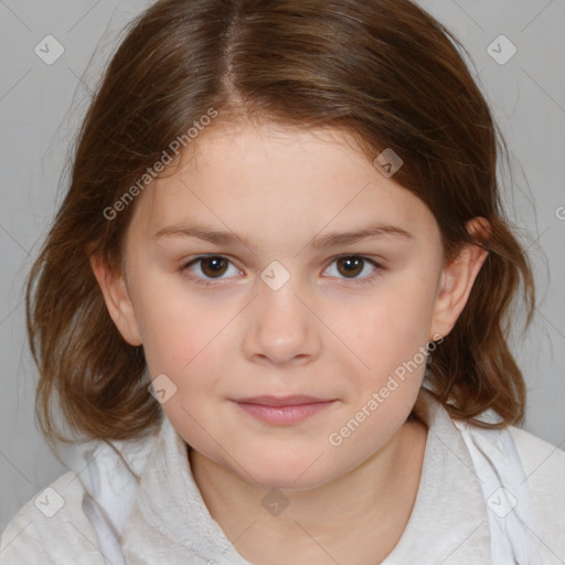 Joyful white child female with medium  brown hair and brown eyes