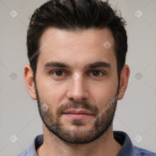 Neutral white young-adult male with short  brown hair and brown eyes