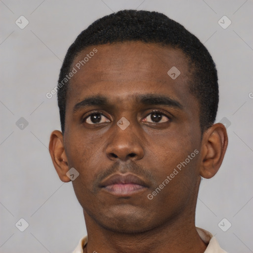 Neutral black young-adult male with short  black hair and brown eyes