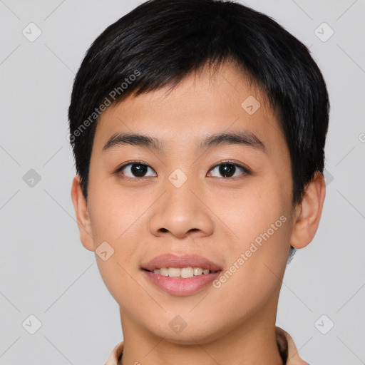 Joyful asian young-adult male with short  brown hair and brown eyes