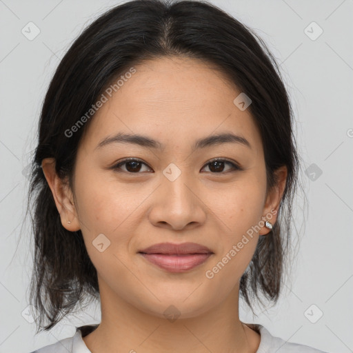 Joyful white young-adult female with medium  brown hair and brown eyes