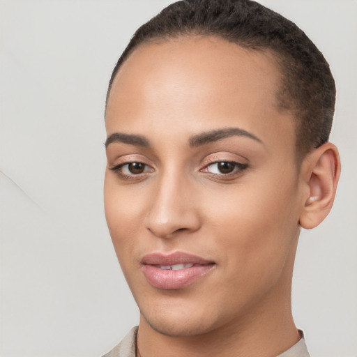 Joyful white young-adult female with short  brown hair and brown eyes