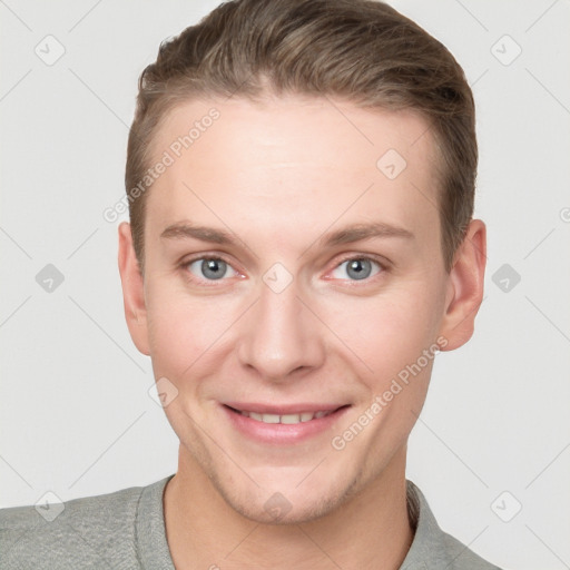 Joyful white adult female with short  brown hair and grey eyes