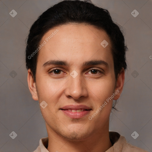 Joyful white young-adult male with short  brown hair and brown eyes