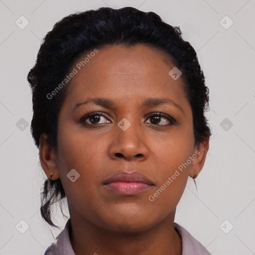 Neutral black young-adult female with short  brown hair and brown eyes