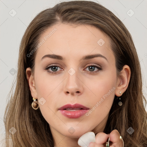 Neutral white young-adult female with long  brown hair and grey eyes