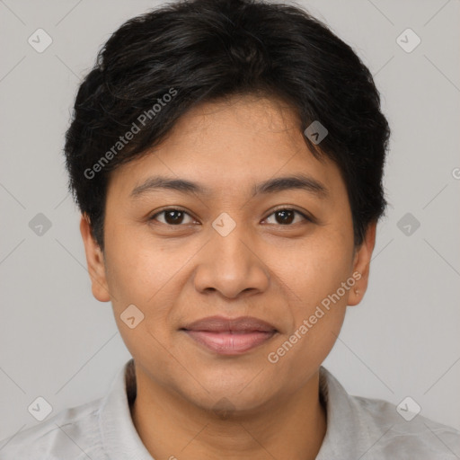 Joyful latino young-adult female with short  brown hair and brown eyes