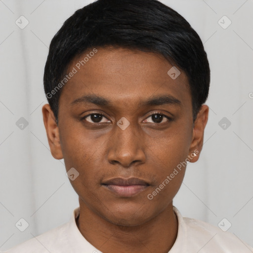Neutral black young-adult male with short  black hair and brown eyes