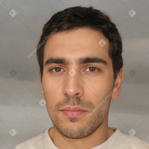 Neutral white young-adult male with short  brown hair and brown eyes
