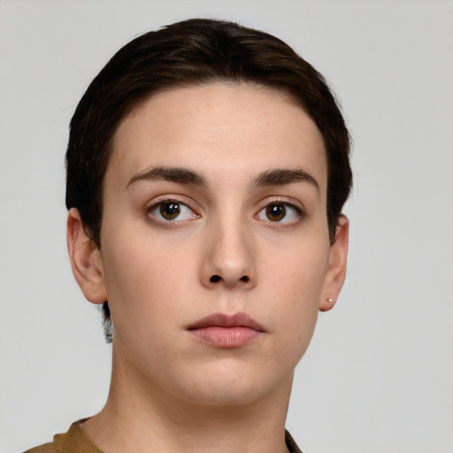 Neutral white young-adult female with short  brown hair and brown eyes