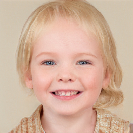 Joyful white child female with medium  blond hair and blue eyes