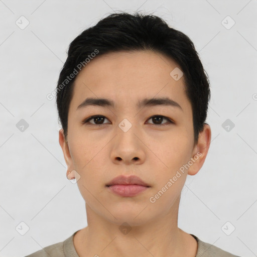 Neutral asian young-adult female with short  black hair and brown eyes