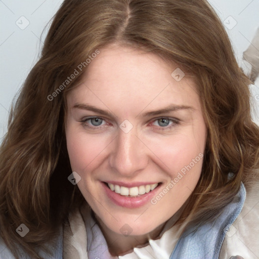 Joyful white young-adult female with medium  brown hair and blue eyes