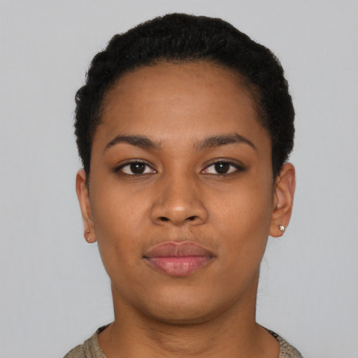 Neutral black young-adult female with short  black hair and brown eyes