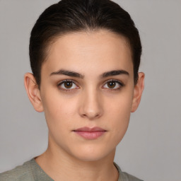 Neutral white young-adult female with short  brown hair and brown eyes