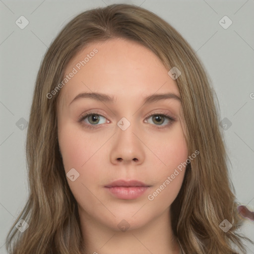 Neutral white young-adult female with long  brown hair and brown eyes