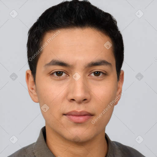 Neutral asian young-adult male with short  brown hair and brown eyes