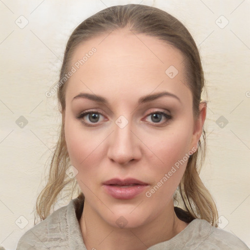 Neutral white young-adult female with medium  brown hair and grey eyes