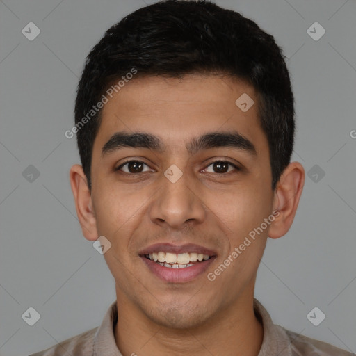 Joyful latino young-adult male with short  black hair and brown eyes