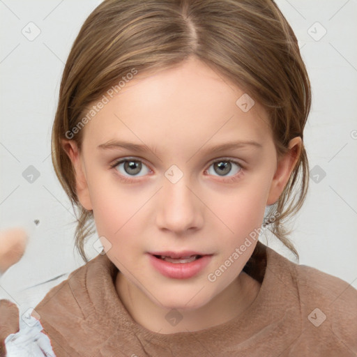 Joyful white child female with medium  brown hair and brown eyes