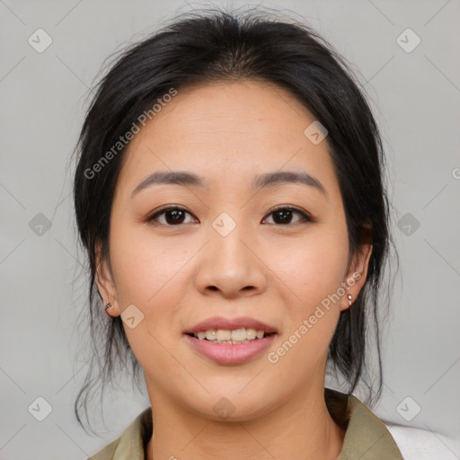 Joyful asian young-adult female with medium  brown hair and brown eyes