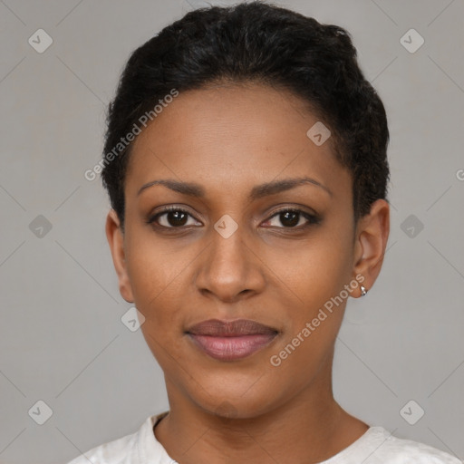 Joyful latino young-adult female with short  black hair and brown eyes