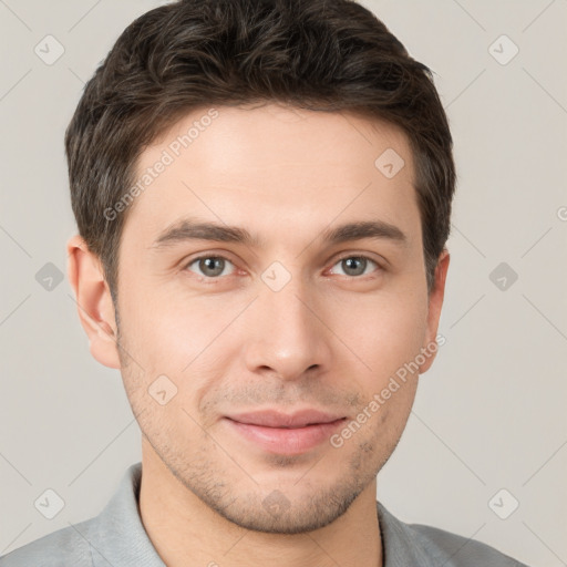 Neutral white young-adult male with short  brown hair and brown eyes