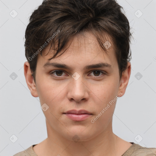 Neutral white young-adult male with short  brown hair and brown eyes