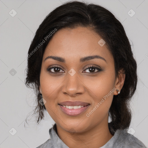 Joyful black young-adult female with medium  black hair and brown eyes