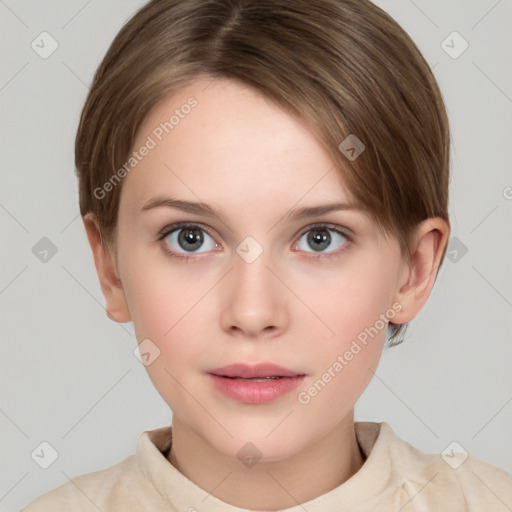 Neutral white young-adult female with short  brown hair and grey eyes