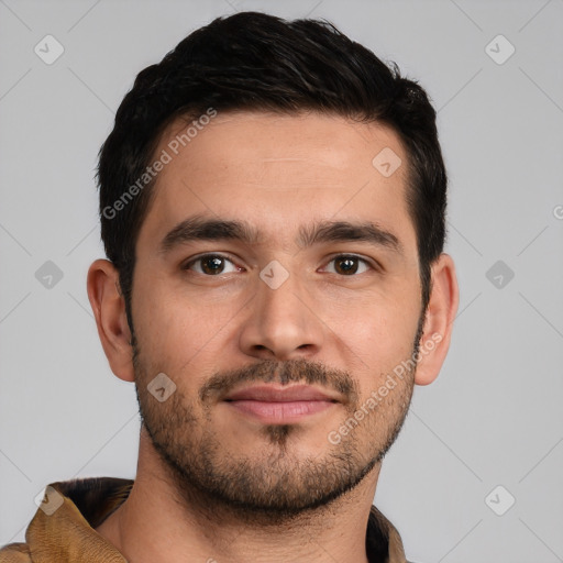 Neutral white young-adult male with short  brown hair and brown eyes