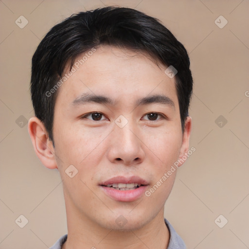 Neutral asian young-adult male with short  black hair and brown eyes