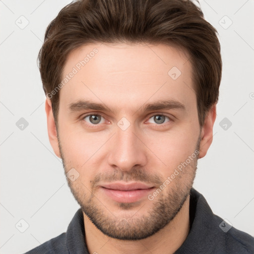 Neutral white young-adult male with short  brown hair and grey eyes