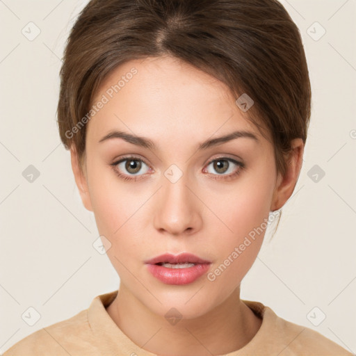 Neutral white young-adult female with short  brown hair and brown eyes