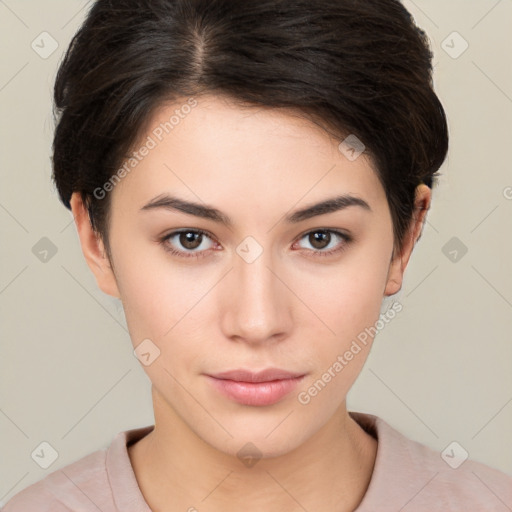 Neutral white young-adult female with short  brown hair and brown eyes