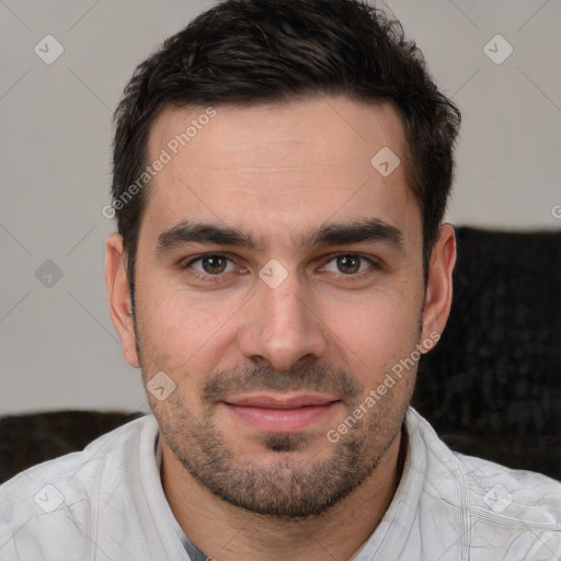 Joyful white young-adult male with short  brown hair and brown eyes