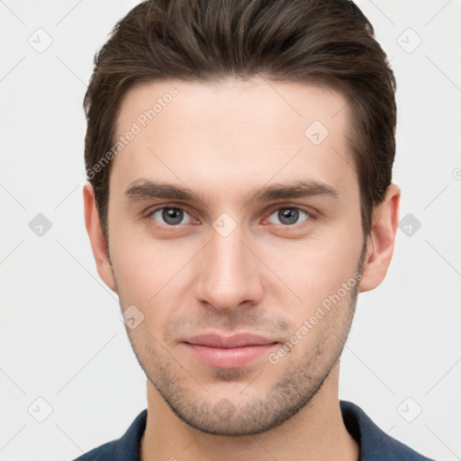 Neutral white young-adult male with short  brown hair and brown eyes