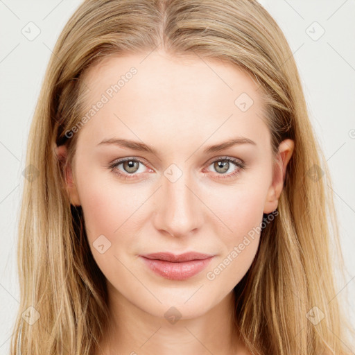 Joyful white young-adult female with long  brown hair and blue eyes