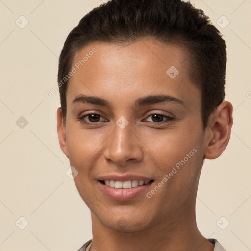 Joyful white young-adult female with short  brown hair and brown eyes