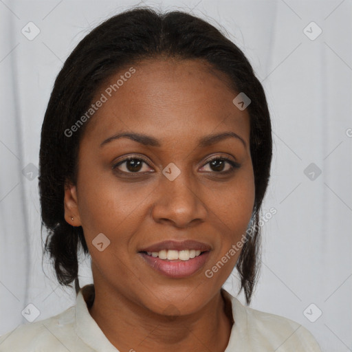 Joyful black young-adult female with medium  brown hair and brown eyes