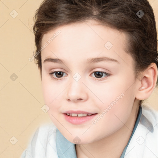 Joyful white child female with medium  brown hair and brown eyes