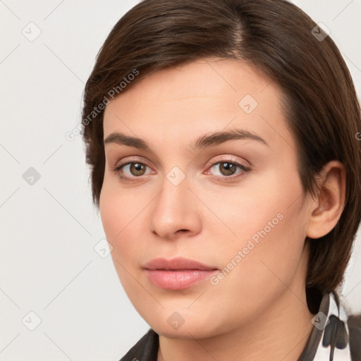 Neutral white young-adult female with medium  brown hair and brown eyes